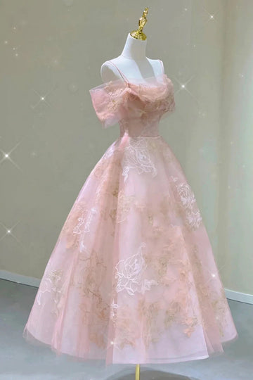 A Line Pink Tulle Lace Off The Shoulder Prom Dresses, Formal Evening Dress HZ1023